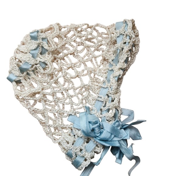 1940s Hand Crochet Baby Bonnet Blue Ribbon Trim Victorian Heirloom Infant Hat - Picture 4 of 6
